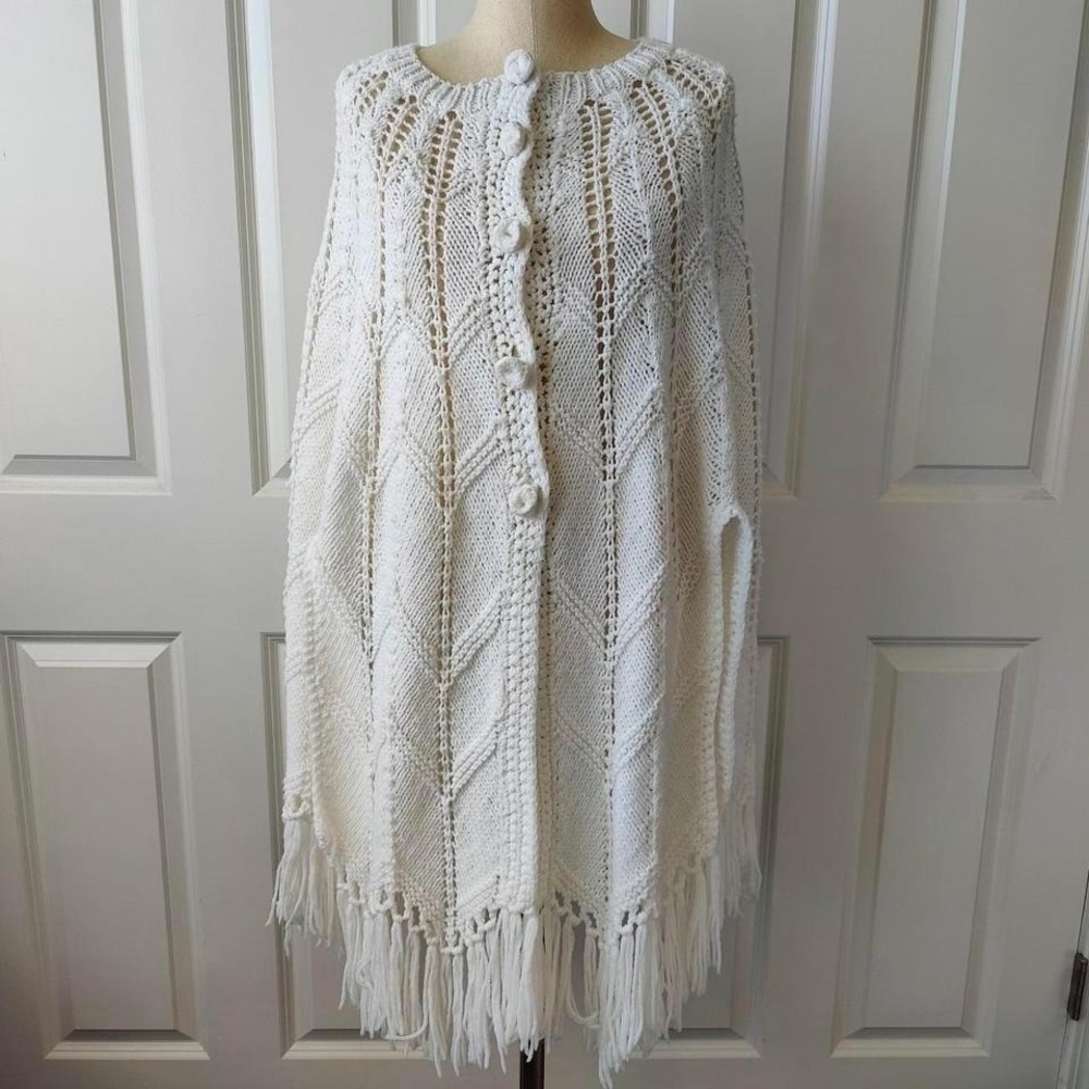 Handmade Poncho Open Knit White Fringe Boho Asymmetric Hem Fairy Cottage Whimsy